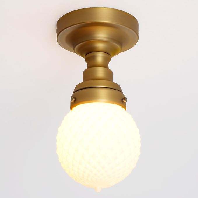 Vintage Close to Ceiling Light Fixtures Brass Gold Semi Flush Mount Ceiling Light Globe Milky White Glass Hallway Ceiling Light for Laundry Entryway Kitchen Bathroom Bedroom E26