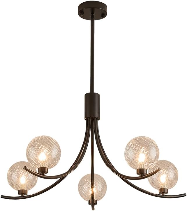 5-Head Black Modern Chandelier with 5 Clear Glass Globe Bulbs, Globe Chandelier, Elegant Lamps with Black Accents, Ceiling Light for Living Room Kitchen Island Bedroom Entryway