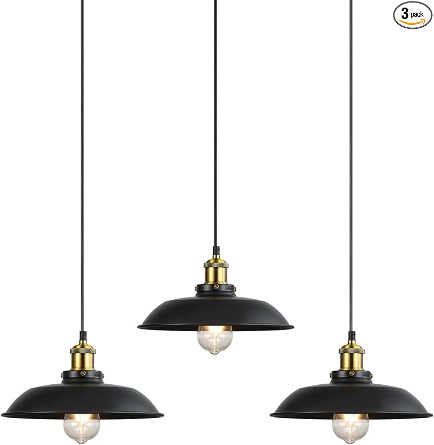 3 Pieces Black Pendant Lights E26 E27 Base Black Farmhouse Lampshade for Hanging Light Vintage Metal Shade Fixtures Barn for Kitchen Dining Room Home Bar Foyer
