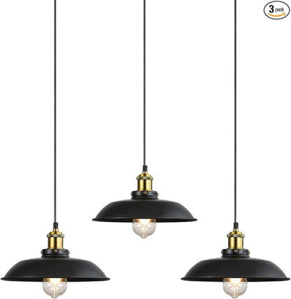 3 Pieces Black Pendant Lights E26 E27 Base Black Farmhouse Lampshade for Hanging Light Vintage Metal Shade Fixtures Barn for Kitchen Dining Room Home Bar Foyer