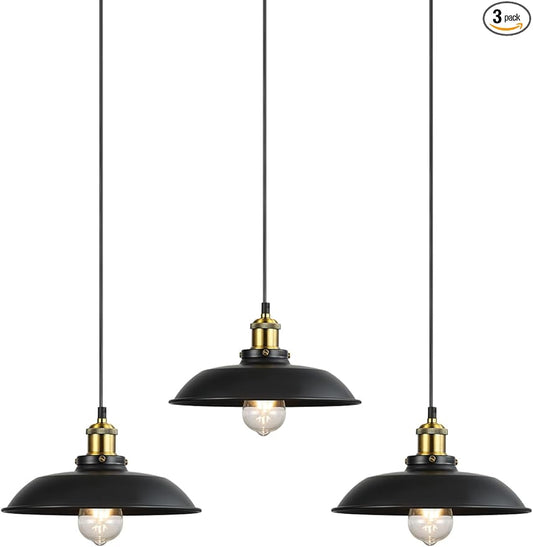 3 Pieces Black Pendant Lights E26 E27 Base Black Farmhouse Lampshade for Hanging Light Vintage Metal Shade Fixtures Barn for Kitchen Dining Room Home Bar Foyer