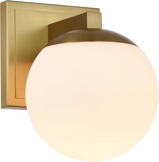 Aged Brass Wall Sconce Light, Modern Sconces Wall Lighting, 1 Light Globe Bathroom Vanity Lighting with Opal Glass Shade, Wall Light for Bedroom Bathroom Living Room Entryway Hallway