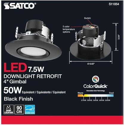Satco LED Retrofit Gimbal Downlight, CCT Selectable 2700K/3000K/3500K/4000K/5000K, 4 Inches, Black Finish