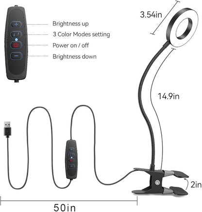 LED Desk Lamp Clip on Light with 3 Color Modes 10 Brightness Ring/Clamp Light 360° Adjustable Neck Dimmable Eye Protection Desk Lamps for Home Office