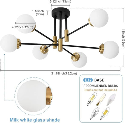 Biewalk Sputnik Ceiling Light Fixture 6 Light Sputnik Chandeliers, Black and Gold Chandelier Light Fixture with Milk White Glass Shade for Living Room Kitchen Bedroom Dining Room (E26 Bulb Excluded)