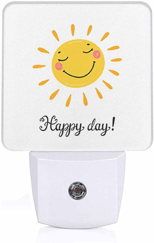 LED Night Light,Cartoon Cute Sun Icon Happy Day Word LED Night Light Plug into Wall with Dusk to Dawn Light Sensor White Energy Efficient Nightlight for Bedroom Hallway Living Room Kitchen