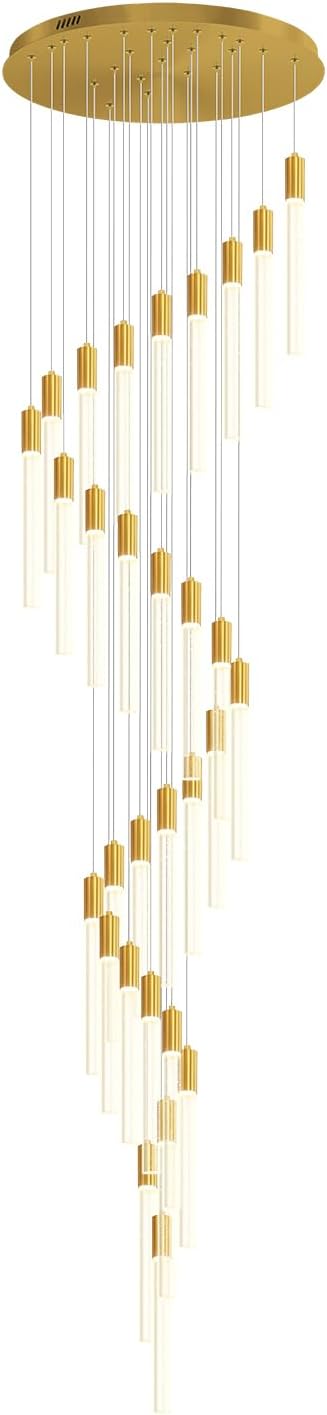 D28inxH177in Long Crystal Column Chandelier Extra Large Staircase Chandelier for High Ceiling Gold 30-Lights Dimmable LED Pendant Lighting Foyer Entryway Light Source is Replaceable