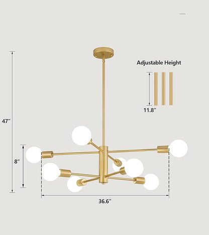 AMZASA Gold Sputnik Chandelier 8 Light Modern Industrial Mid Century Modern Light Fixture for Dining Room Kitchen Living Room Entryway Bedroom Plating Shining Gold Finished UL Listed