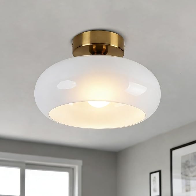 Mid Century Modern Ceiling Light Milk White Glass Globe Flush Mount Ceiling Light 11" Brass Close to Ceiling Light Fixtures for Kitchen Bedroom Hallway Closet