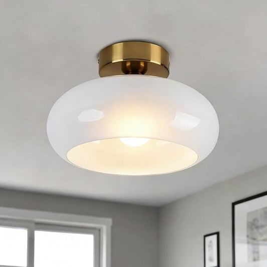 Mid Century Modern Ceiling Light Milk White Glass Globe Flush Mount Ceiling Light 11" Brass Close to Ceiling Light Fixtures for Kitchen Bedroom Hallway Closet