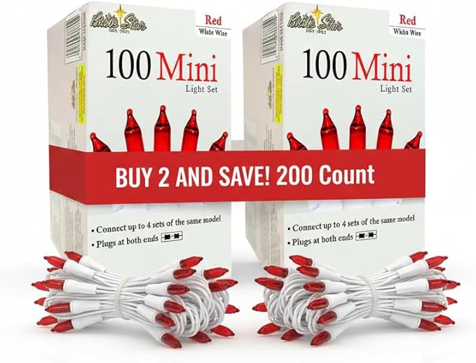 Brite Star 100 Count Mini String Christmas Lights, Red - 22 feet Indoor/Outdoor Christmas Tree Lights with White Wire (Set of 2)