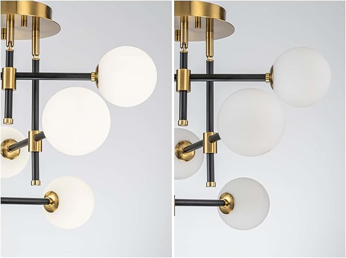 6-Light Rotatable Glass Bubble Ceiling Lights, Modern Flushmount Light Fixture for Dining Room, Bedroom, D20 * H15.5 inch, Milk Glass Bubble & Black & Gold Finish