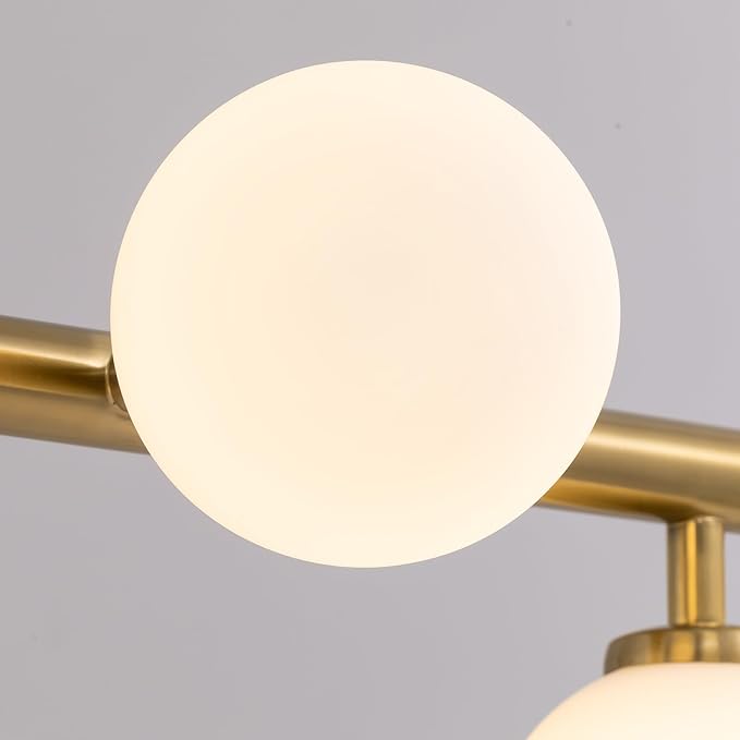 Mid Century Chandelier, Gold Sputnik Pendant Light with White Glass Lampshade,7 Lights Globe Rectangle Linear Chandeliers for Dining Room Kitchen L43.3 in x W11.8 in