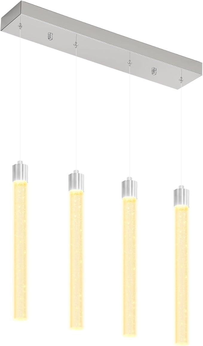 Modern Crystal Column Chandeliers for Dining Room Dimmable 4-Lights Silver LED Hanging Pendant Light Kitchen Island,Bedroom,Over Table,Living Room, Adjustable Height