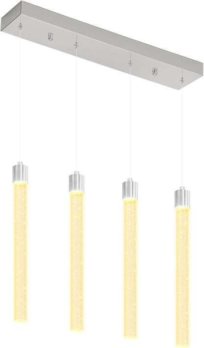 Modern Crystal Column Chandeliers for Dining Room Dimmable 4-Lights Silver LED Hanging Pendant Light Kitchen Island,Bedroom,Over Table,Living Room, Adjustable Height