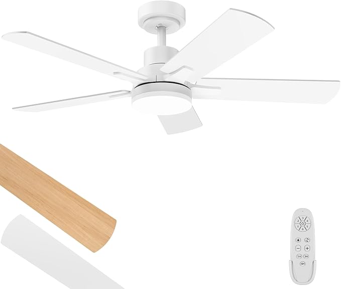 Ceiling Fan with Light 42-Inch, Remote Control Reversible DC Motors, 3CCT Dimmable Timer Noiseless, White Ceiling Fan for Bedroom Living Room, Indoor&Outdoor ETL Listed