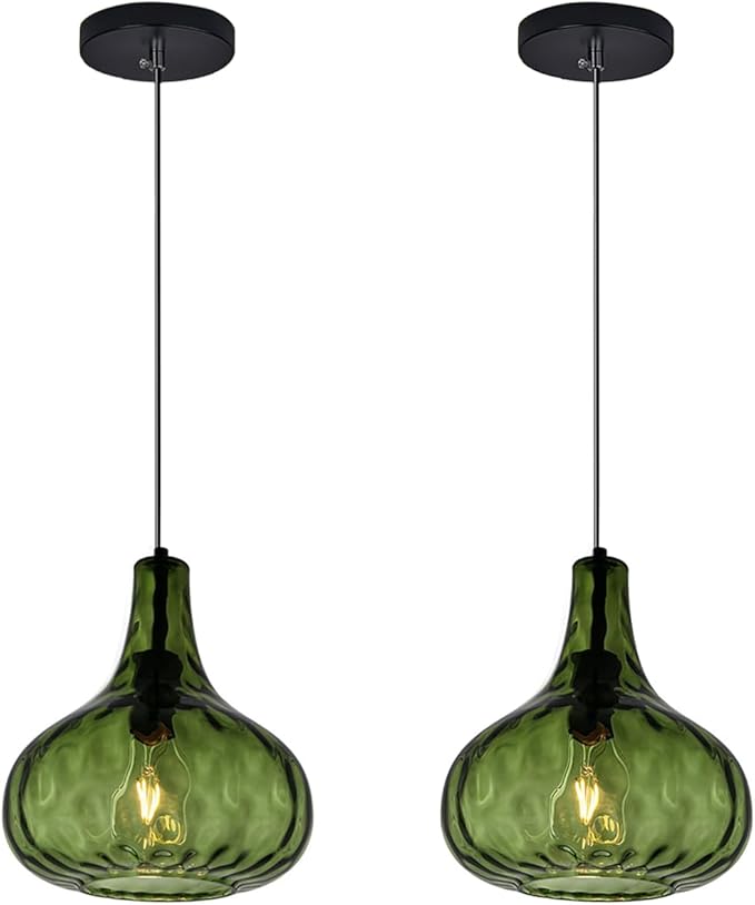 Vintage Pendant Lights Green Glass Hanging Lights Mid-Century Modern Pendant Light Fixtures Black Finish 9.45″ Globe Hammered Shade Adjustable Pendant Lighting Kitchen Sink Farmhouse