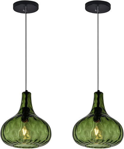 Vintage Pendant Lights Green Glass Hanging Lights Mid-Century Modern Pendant Light Fixtures Black Finish 9.45″ Globe Hammered Shade Adjustable Pendant Lighting Kitchen Sink Farmhouse