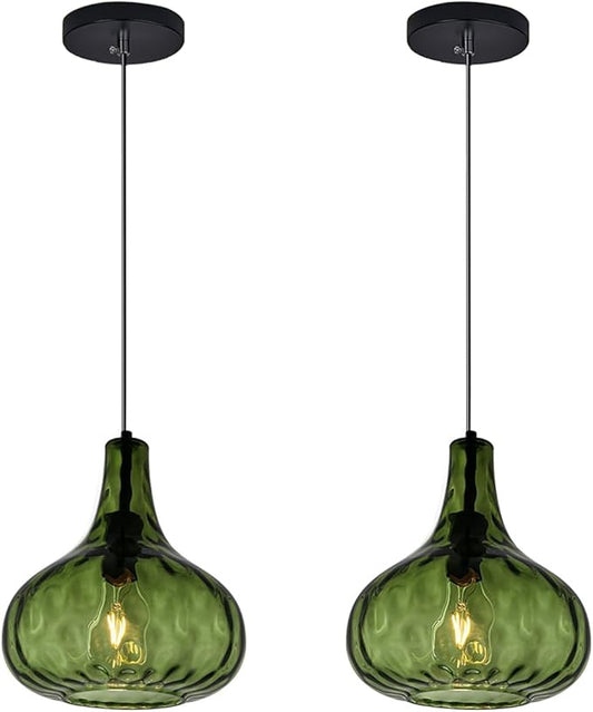 Vintage Pendant Lights Green Glass Hanging Lights Mid-Century Modern Pendant Light Fixtures Black Finish 9.45″ Globe Hammered Shade Adjustable Pendant Lighting Kitchen Sink Farmhouse