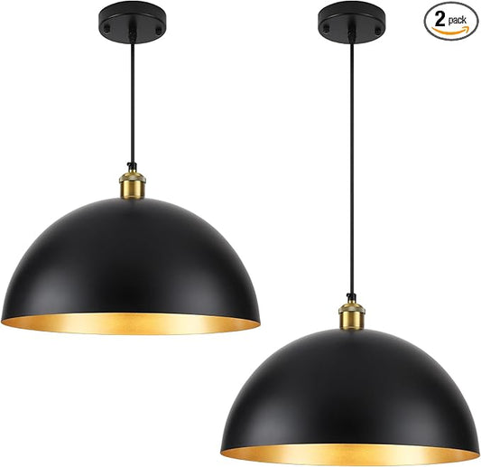 Black Vintage Pendant Light 16 Inch, Large Dome Pendant Lights Kitchen Island Adjustable Height Industrial Pendant Light Fixtures for Kitchen Dining Room Bedroom 2 Pack