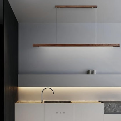 Modern LED Chandelier Walnut Color Dining Room Kitchen Island Long Hanging Lights Restaurant Office Coffee Home Lighting Ash Wood Remote Control Dimmable (1 Rectangle Base, 100cm(39.3in))