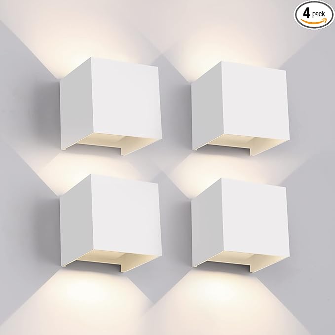 Mille Lucciole 12W 4Pack Outdoor Wall Lights Exterior/Interior,LED White Outdoor Wall Sconces Light Fixtures Modern,IP65 Waterproof Square Aluminum Wall Lamps, Up and Down Lights 4500K Natural Lights
