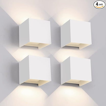 Mille Lucciole 12W 4Pack Outdoor Wall Lights Exterior/Interior,LED White Outdoor Wall Sconces Light Fixtures Modern,IP65 Waterproof Square Aluminum Wall Lamps, Up and Down Lights 4500K Natural Lights