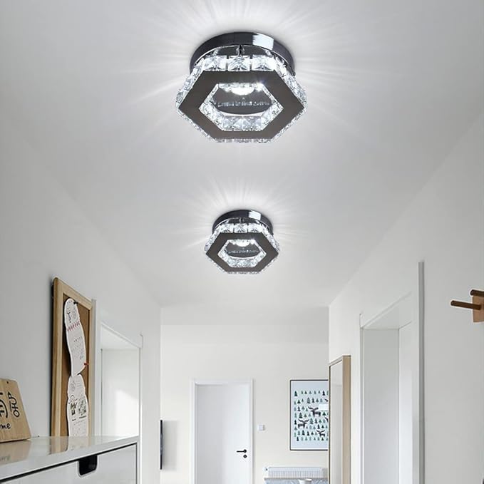 Mini Chandelier Crystal LED Ceiling Light Fixture Modern Pendant Lamp Semi Flush Mount Crystal Ceiling Lighting for Hallway Staircase Staircase Kitchen Bedroom Dinning Room(Cool White)