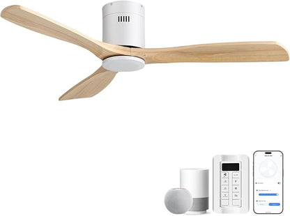 CACI Mall 52 Inch Smart Ceiling Fan without Light, Flush Mount, 3 Blades Solid Wood, Low Profile, Modern, Outdoor/Indoor Ceiling Fans No Light for Bedroom/Farmhouse/Patio