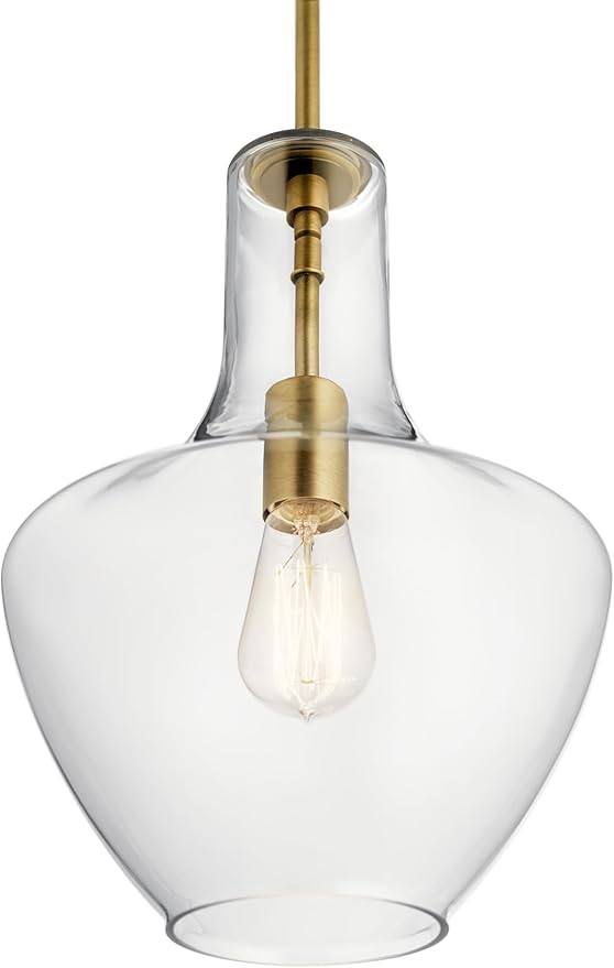 Kichler Everly Single Light Bell Pendant Light Fixture with Clear Glass in Natural Brass for Kitchen Island, Dining Room, or Home Bar (15.25" x 10.5"), 42456NBR