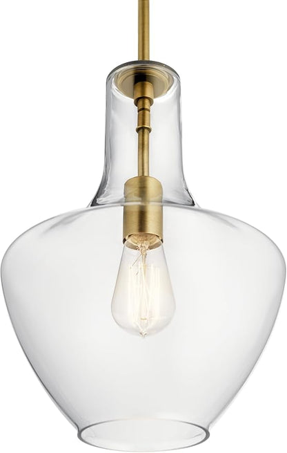 Kichler Everly Single Light Bell Pendant Light Fixture with Clear Glass in Natural Brass for Kitchen Island, Dining Room, or Home Bar (15.25" x 10.5"), 42456NBR