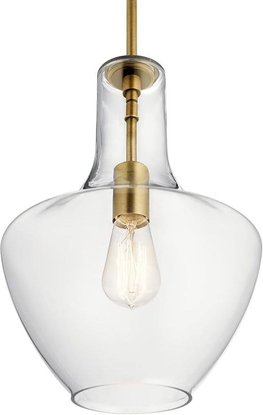 Kichler Everly Single Light Bell Pendant Light Fixture with Clear Glass in Natural Brass for Kitchen Island, Dining Room, or Home Bar (15.25" x 10.5"), 42456NBR