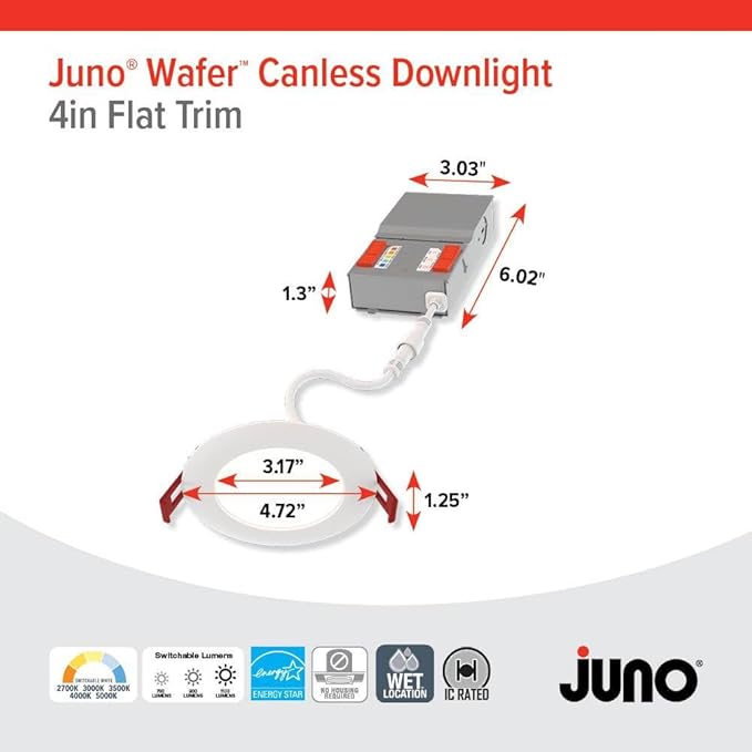 Juno LED Recessed Lights 4 Inch Round Baffle Wafer Downlight, 5-in-1 Switchable White Color Temperature, Adjustable Brightness, 120 Volts, 4-Inch Flat Trim, Matte White (12-Pack)