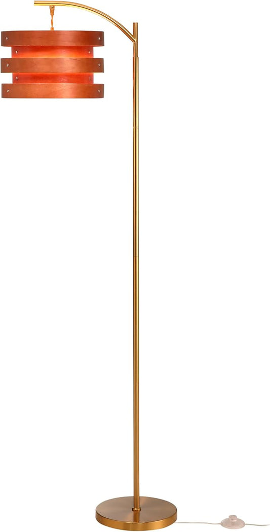 O’Bright Strata Wooden Floor Lamp - Mid Century Modern Standing Lamp with Layered Wood Shade, Tall Reading Lamp for Living Room, Bedroom, Office, Antique Brass, Dark Oak, Horizon Shade