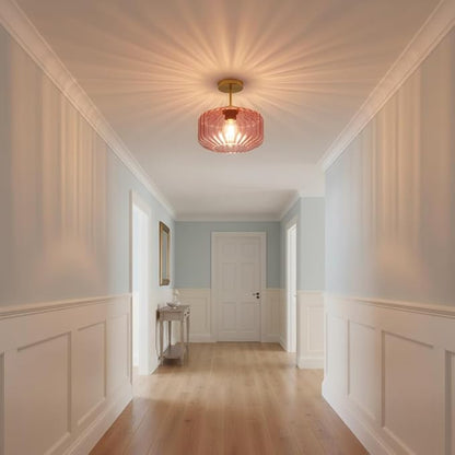 Art Deco Purple Ceiling Light Glass Semi-Flush Mount with Gold Finish, Bedroom Light Fixtures for Bathroom Living Room Entryway Closet Light