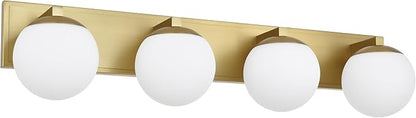 Gold Bathroom Vanity Light Fixtures, 4-Light Globe Bathroom Lighting Fixtures Over Mirror, Modern Wall Lights for Living Room, Long Backplate, Standard E26 Base, Aged Brass