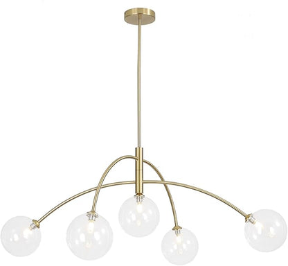 5 Light Modern Brass Chandelier Fixture White Clear Globe Glass Shade Pendant Light Gold Kitchen Ceiling Large Chandelier for Dining Room Kitchen Bedroom