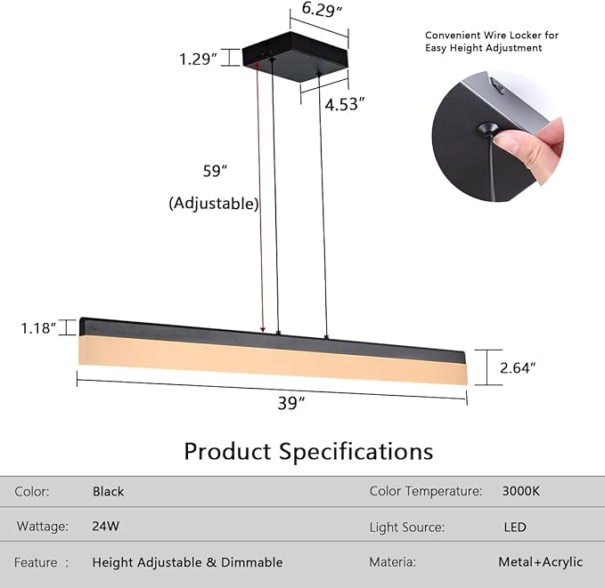 Black Wood LED Kitchen Island Lighting, 39 Inch LED Linear Pendant Light, Dimmable Ceiling Hanging Chandeliers for Dining Room Living Room Bar Pool Table 24W, Modern Farmhouse Fixture, 3000K