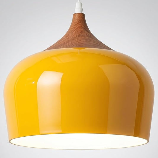 Modern Pendant Light Fxtures Kitchen, Hanging Light Fixtures Ceiling Mount, Wood Metal Shade Pendant Lamp for Dining Room, Bedroom, Living Room, Bathroom, Entryway, Small Chandelier, Glossy Yellow