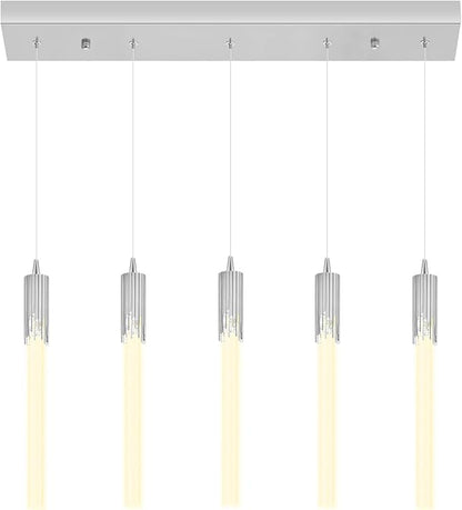 Flashing God 5-Lights Rectangular Pendant Lights for Kitchen Island Chrome Linear Crystal Chandelier Modern Chandeliers for Kitchen Island Dining Room