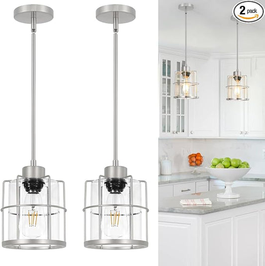 Modern Brushed Nickel Pendant Light Set of 2, Kitchen Island Pendant Light with Cylinder Clear Glass, Farmhouse Adjustable Hanging Light for Kitchen Island Dining Room Hallway