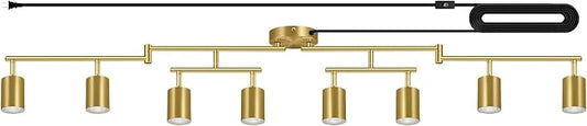 Plug in Track Lighting, LED Track Lighting Fixtures Ceiling Kit, Gold 8-Light Ceiling Light Plug-in, Wall Light with 15ft Power Cord, Rotatable Kitchen Spotlight for Bedroom(GU10 Socket, NO Bulb)