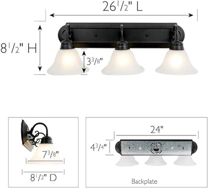 Design House 589796 Millbridge Vanity Light Dimmable with Frosted Glass for Above Bathroom Mirror, Matte Black, 3-Light