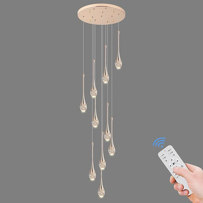 Modern Crystal Chandelier 9-Lights Gold, H98.5'' High Ceiling Spiral Dimmable LED Bubble Crystal Raindrop Light Fixture for Foyer Entryway Dining Room Remote Control