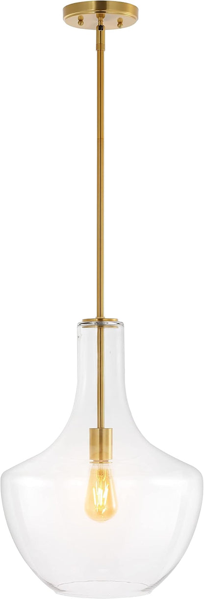 JONATHAN Y 13.25" Brass Gold/Clear Mid-Century Modern 1-Light LED Pendant Light Fixture, Adjustable Schoolhouse Hanging Lamp for Kitchen Island, Clear Glass Shade, LED Bulb Included (JYL6401C)