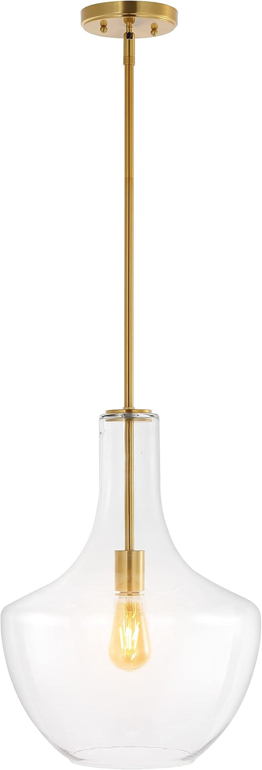 JONATHAN Y 13.25" Brass Gold/Clear Mid-Century Modern 1-Light LED Pendant Light Fixture, Adjustable Schoolhouse Hanging Lamp for Kitchen Island, Clear Glass Shade, LED Bulb Included (JYL6401C)