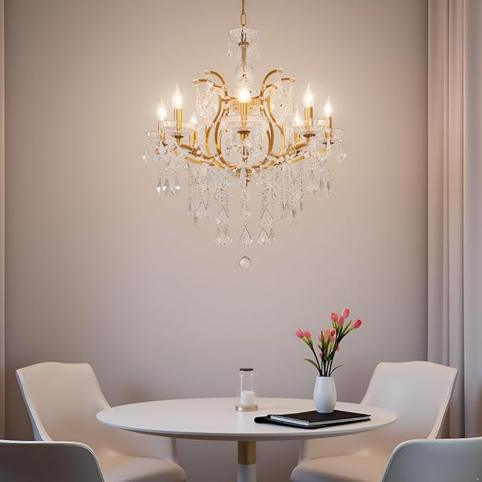 8-Light Crystal Chandelier Gold Finish Modern Luxury Antique Flush Mount Chandelier with Crystal Drops Prisms Beads, Elegant Dining Room Living Room Entryway Foyer Ceiling Light Fixture