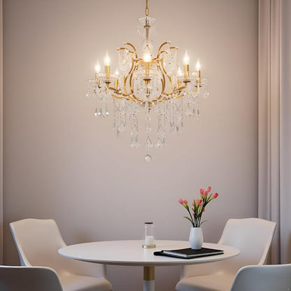 8-Light Crystal Chandelier Gold Finish Modern Luxury Antique Flush Mount Chandelier with Crystal Drops Prisms Beads, Elegant Dining Room Living Room Entryway Foyer Ceiling Light Fixture