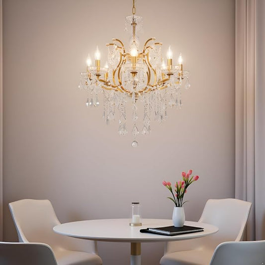 8-Light Crystal Chandelier Gold Finish Modern Luxury Antique Flush Mount Chandelier with Crystal Drops Prisms Beads, Elegant Dining Room Living Room Entryway Foyer Ceiling Light Fixture