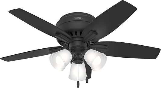 Hunter 42 inch Indoor Ceiling Fan with LED Lights - Black Ceiling Fan with Pull Chain, For Bedroom or Living Room, Low Profile Flush Mount, No Remote, 5 Blades - Newsome 52393, Matte Black